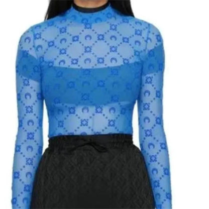 See Through Brand Women Tops Tulle Mesh Versatile Long Sleeve Moon Flocked Shirt Casual Thin  Blouses Y2k Sexy Sheer Blusas 959P