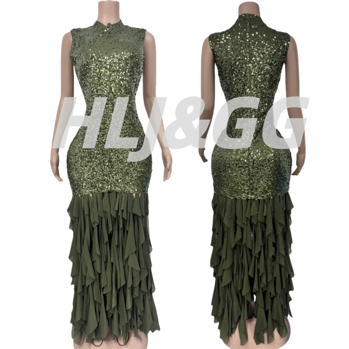HLJ Sexy Sequin Patchwork Bodycon Dresses for Woman Mesh Shining Sleeveless Ruffle Dress Female Party Clubwear Vestidos 2025 New