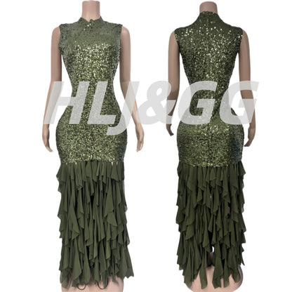 HLJ Sexy Sequin Patchwork Bodycon Dresses for Woman Mesh Shining Sleeveless Ruffle Dress Female Party Clubwear Vestidos 2025 New