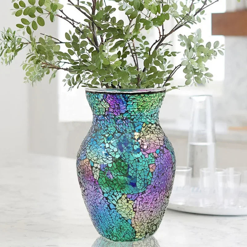 8" Handcrafted Glass Vase - Iridescent European Mosaic Design for Elegant Home Decor