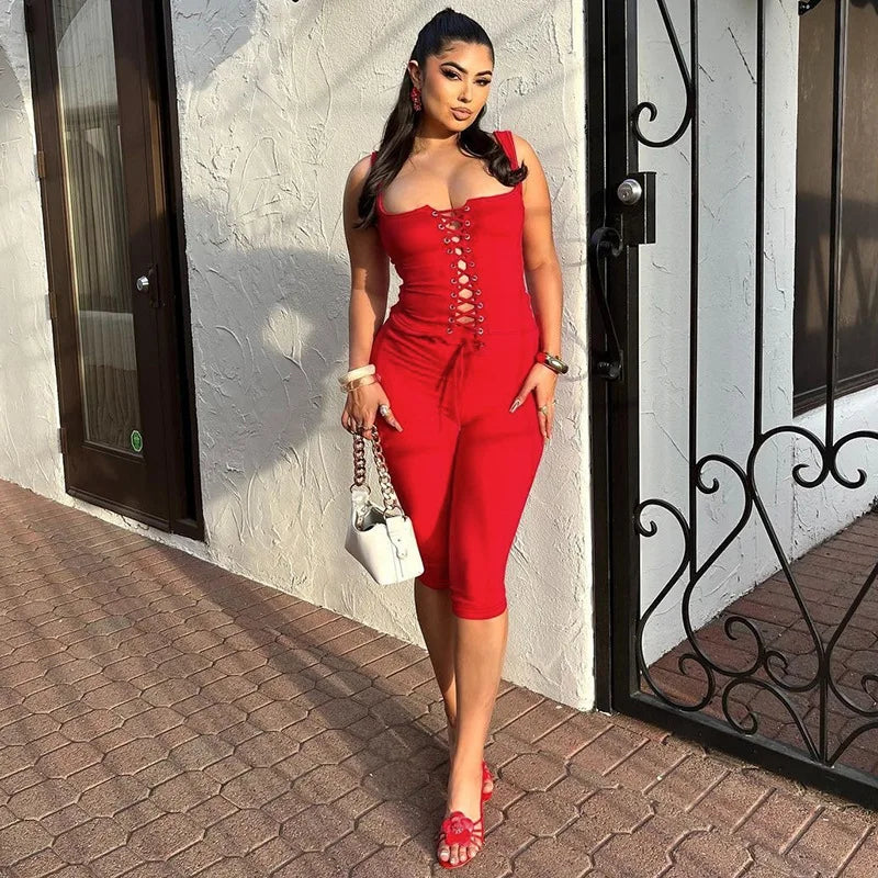 Sexy Club 2 Piece Set Women Outfit Rib Lace-up Crop Top and Matching Leggings 2025 Summer Trendy Female Going Out Two Piece Sets
