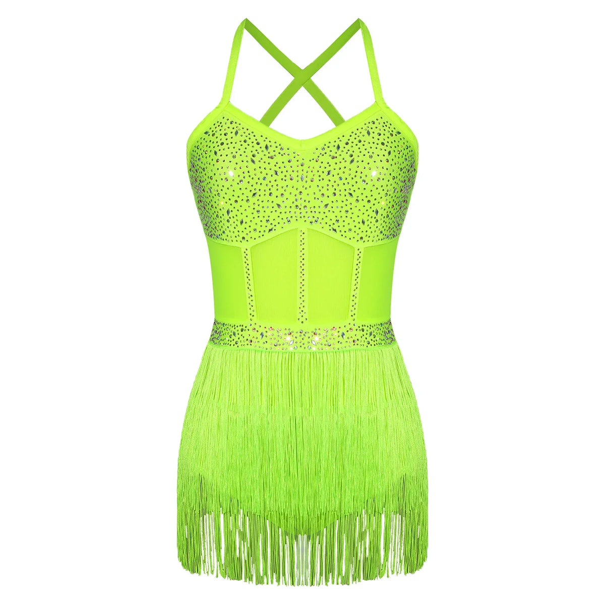 Womens Latin Dance Dress Sheer Mesh Patchwork Tiered Tassel Bodysuit Dress and Gloves for Tango Samba Dance Ballroom Dancewear