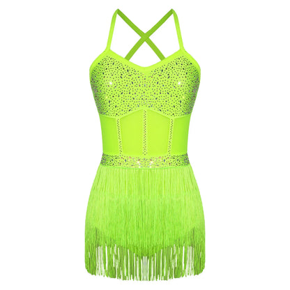 Womens Latin Dance Dress Sheer Mesh Patchwork Tiered Tassel Bodysuit Dress and Gloves for Tango Samba Dance Ballroom Dancewear