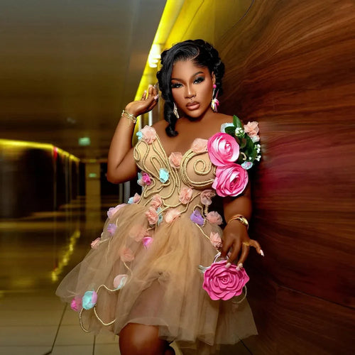 Amazing Blossom 3D Flower Short Tulle Women Party Dresses Pretty Champagne Floral A-line Tulle African Dress