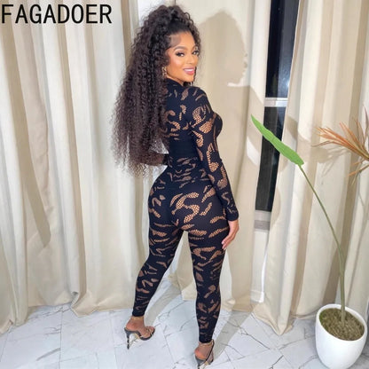 FAGADOER Sexy Lace See Through Patchwork Bodycon Jumpsuits for Woman Hollow-out Long Sleeves Rompers Female Streetwear Overalls