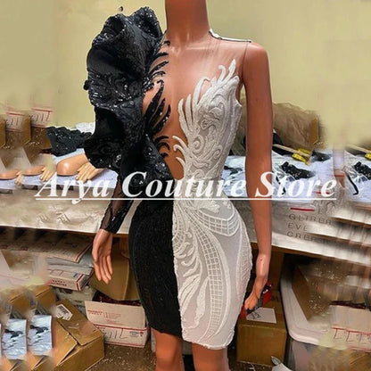 Charming Mini Cocktail Dresses Black and White One Shoulder Long Sleeve Ruffles O-Neck Women Party Prom Dress Customized Gowns
