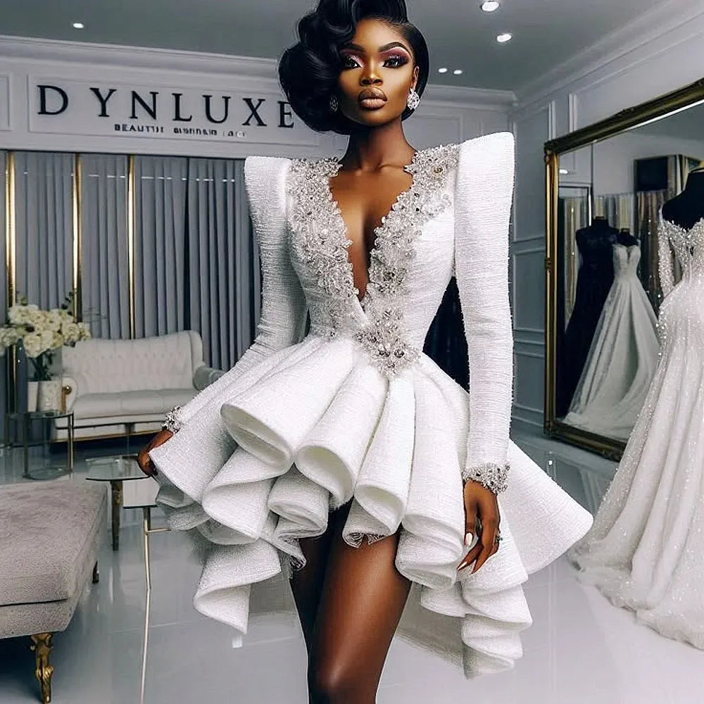 African  Women Prom Dresses With Deep V Neck Lace Appliques Beads Ruffles Evening Dress vestidos de fiesta Girls Birthday Gowns