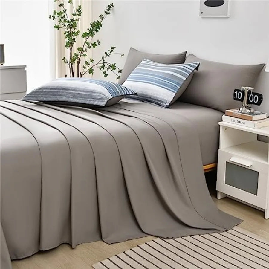 7-Piece Light Blue & White Striped Microfiber Queen Bedding Set