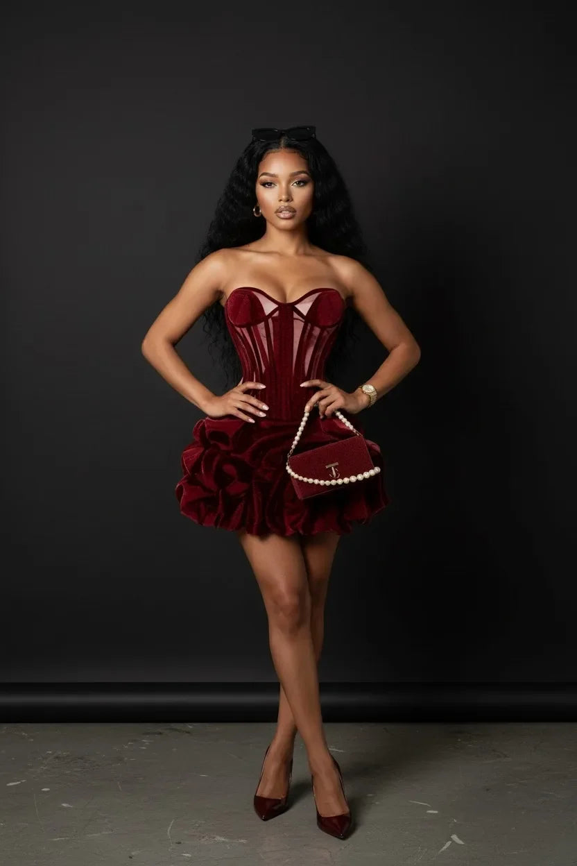 Sexy Wine Red Ruched Bubble Short Women Party Dresses With A Corset Bustier Girls Birthday Mini Dress