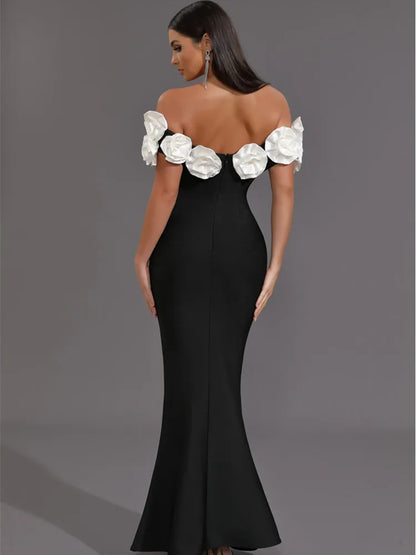 Women Celebrity Sexy Off Shoulder Flower Black Maxi Long Bodycon Bandage Dress 2024 Knitted Elegant Evening Club Party Outfit