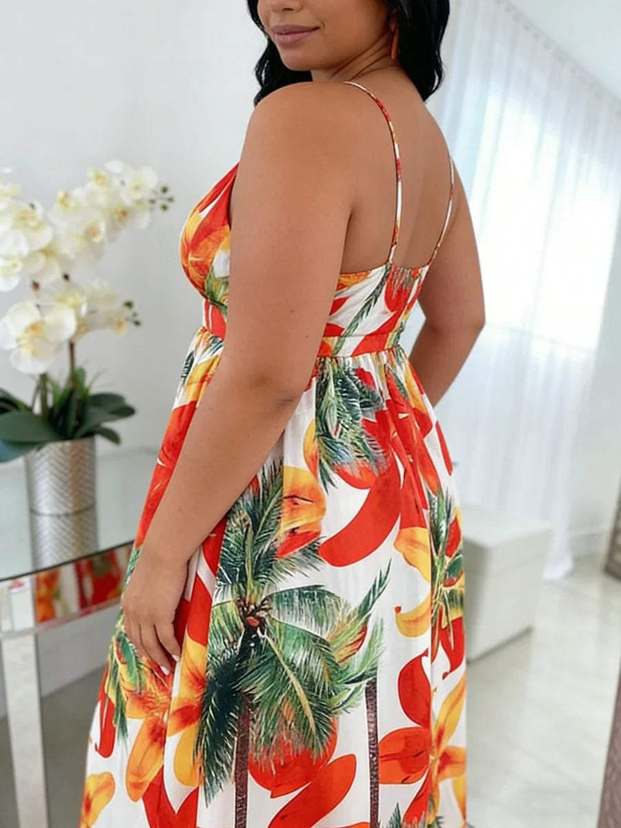 Plus Size Women's Dress Halter Neck Deep V Tropical Print High Waist Maxi Dress Boho Spring Summer Beach Vacation Light Dress