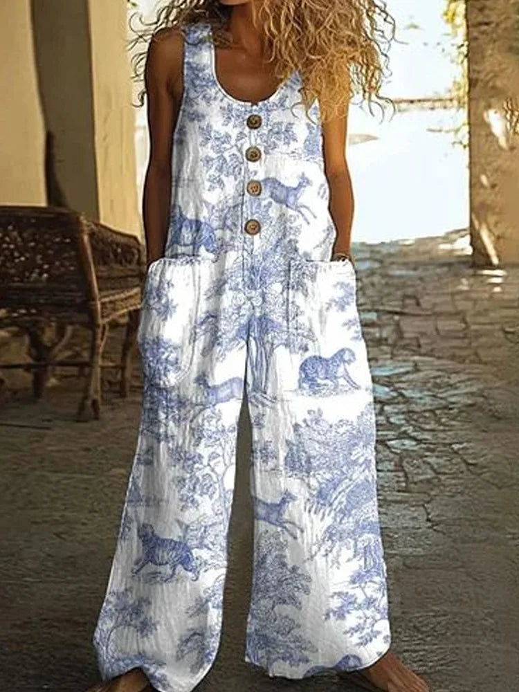 Fashion Printed Jumpsuit Casual U-neck Button Pocket Sleeveless Wide Leg Jumpsuit Spring Summer New Commuter Women Clothing