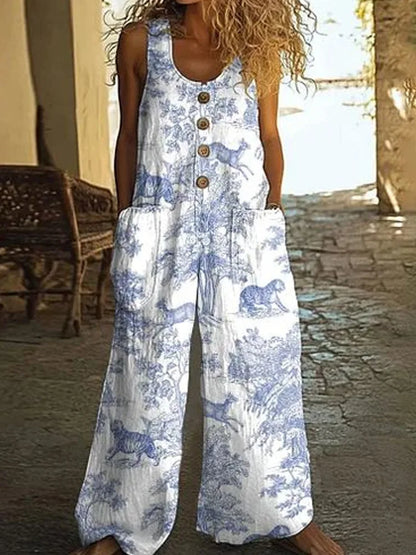 Fashion Printed Jumpsuit Casual U-neck Button Pocket Sleeveless Wide Leg Jumpsuit Spring Summer New Commuter Women Clothing
