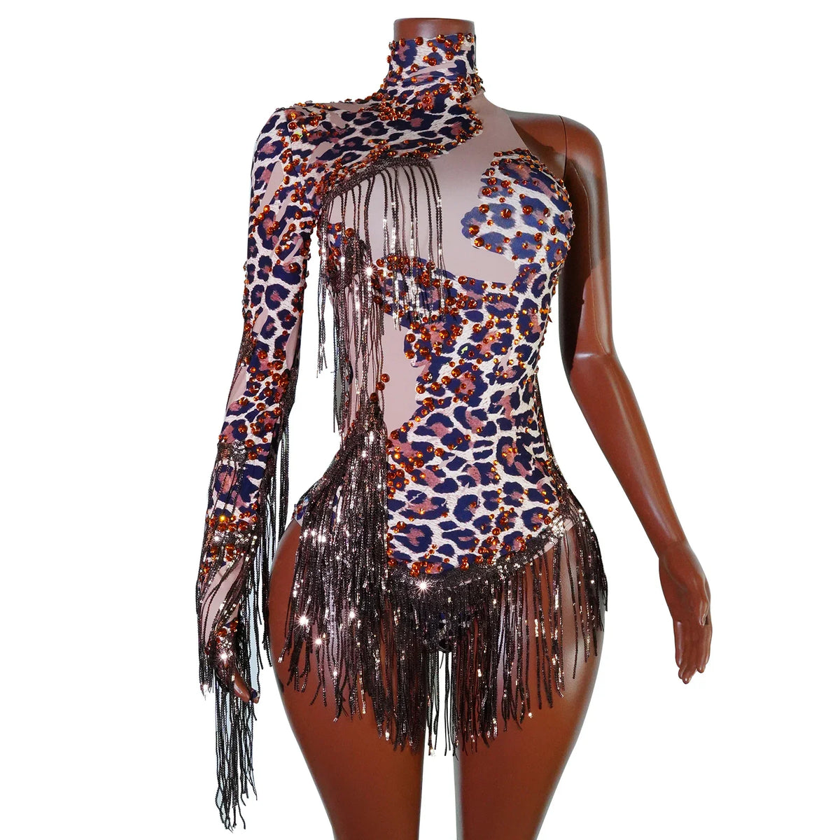 NEW womens bodysuit Sexy Leopard sequin tassels High Collar Bodycon team performance pole dance drag queen outfit singer stage