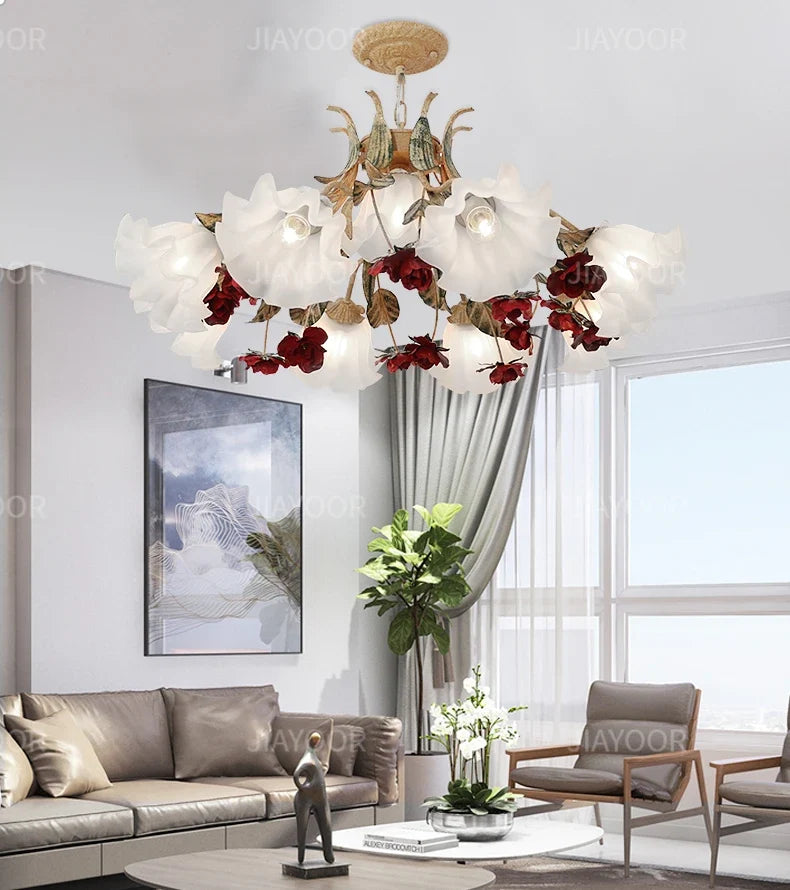 Floral Chandelier with Red Rose Accents, Golden Vines & LED Lights - 4/6/9 Heads