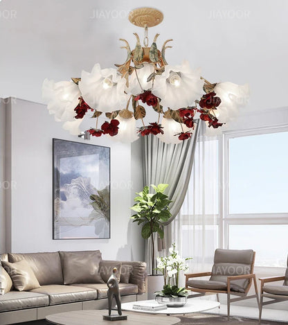 Floral Chandelier with Red Rose Accents, Golden Vines & LED Lights - 4/6/9 Heads