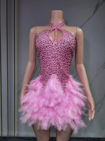 Fashion 2025new sexy Latin dance dress with airy hollow design, feather skirt hanging neck skirt