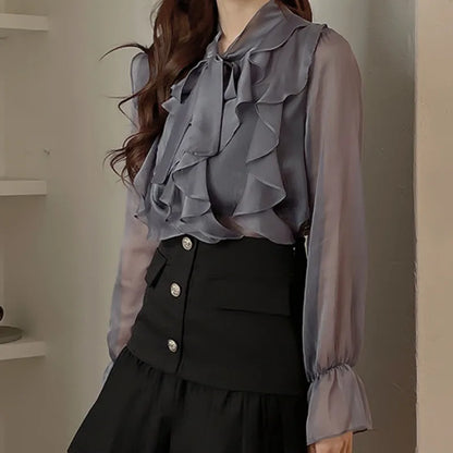Spring Chiffon Blouse Fashion Tops Autumn Sweet Bow Shirt Casual Long Sleeve Women Clothing Elegant OL White Blusas