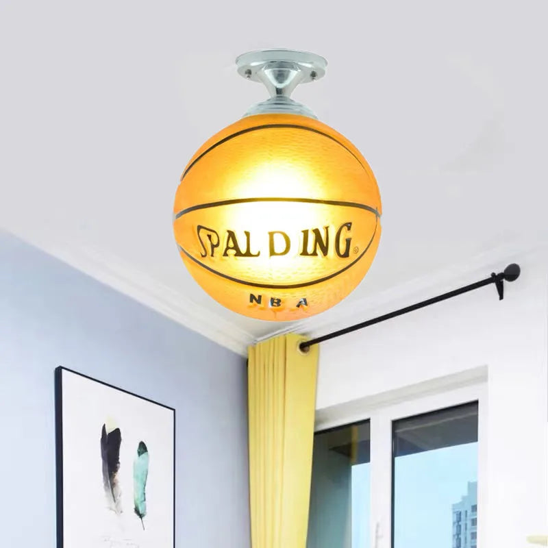 Retro Basketball Light Fixture – Industrial Style LED Hanging Lamp in Orange and Black for Man Cave