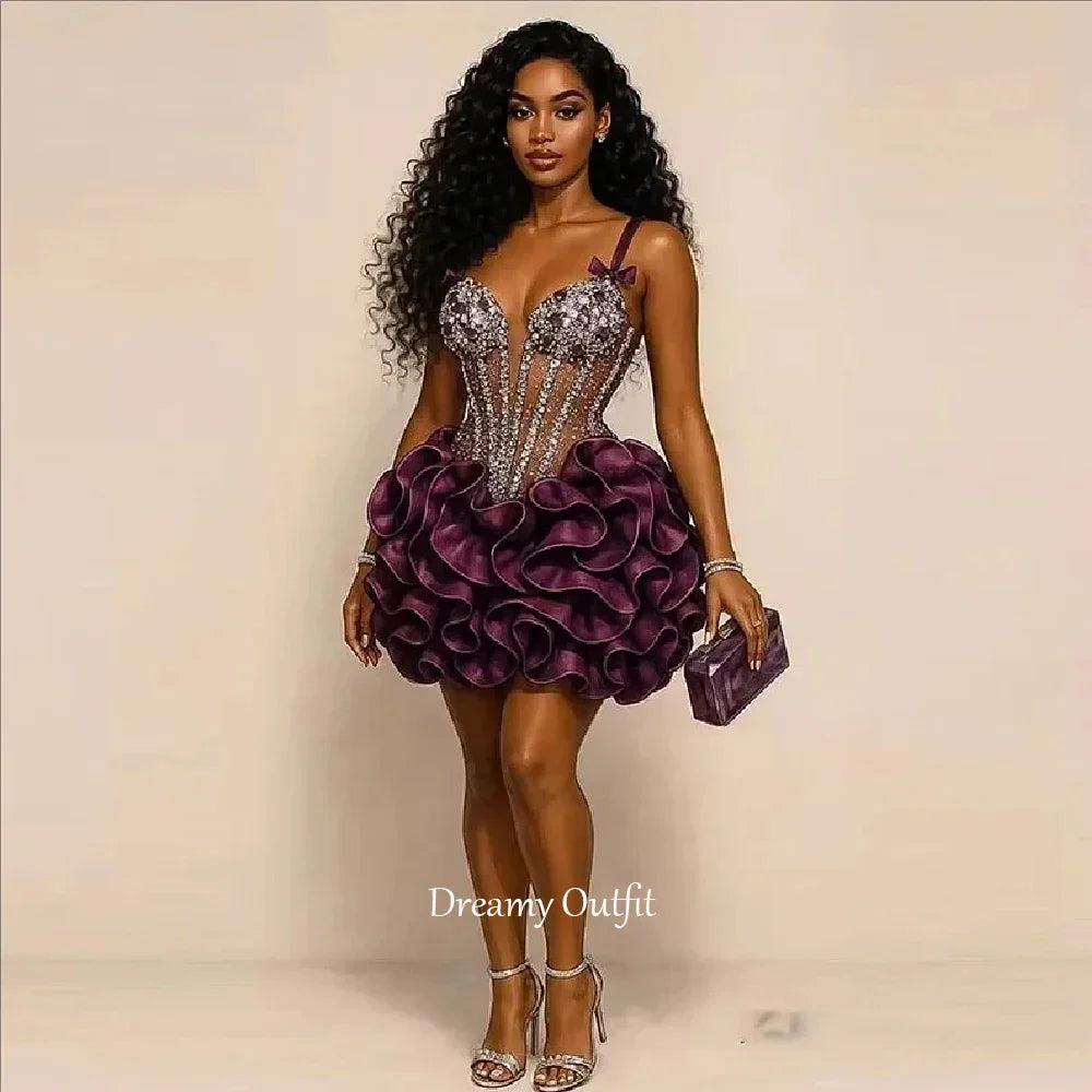 Dreamy Customized Prom Dresses Formal Party Gowns Short With Spaghetti Straps Beads Bows Crystals Tiered Sexy Birthday Dress