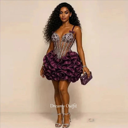 Dreamy Customized Prom Dresses Formal Party Gowns Short With Spaghetti Straps Beads Bows Crystals Tiered Sexy Birthday Dress