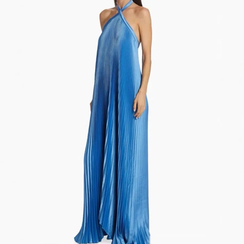 Fashion Pleated Solid Color Long Dress Sexy Halter Hollow Out Loose Evening Dress Women Elegant Sleeveless Backless Party Dress
