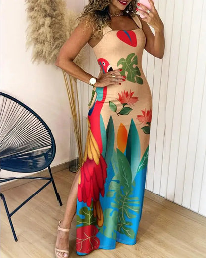 Sexy Slim Printed Dress Fashion Square Collar Suspender Side Split Long Dresses Spring Summer New Vacation Style Women Clothing