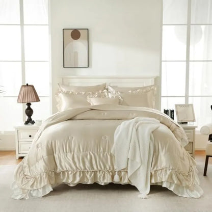 Beige Satin Ruffle Comforter Set – Luxury Silky 8-Piece Bedding