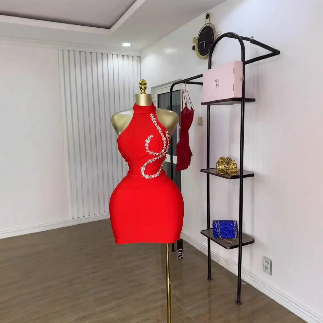 Red Black Color Women Sexy Off the Shoulder Shinning Crystal Bodycon Mini Bandage Dress Nightclub Party Bar Singer Birthday Wear