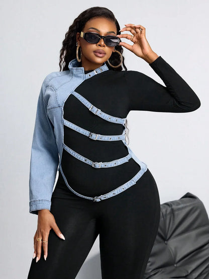 Plus Size Women's Asymmetrical Denim-Trimmed Long Sleeve Top with Belted Straps