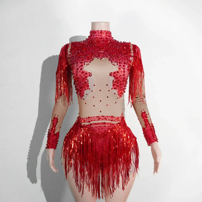NEW womens bodysuit Sexy Leopard sequin tassels High Collar Bodycon team performance pole dance drag queen outfit singer stage