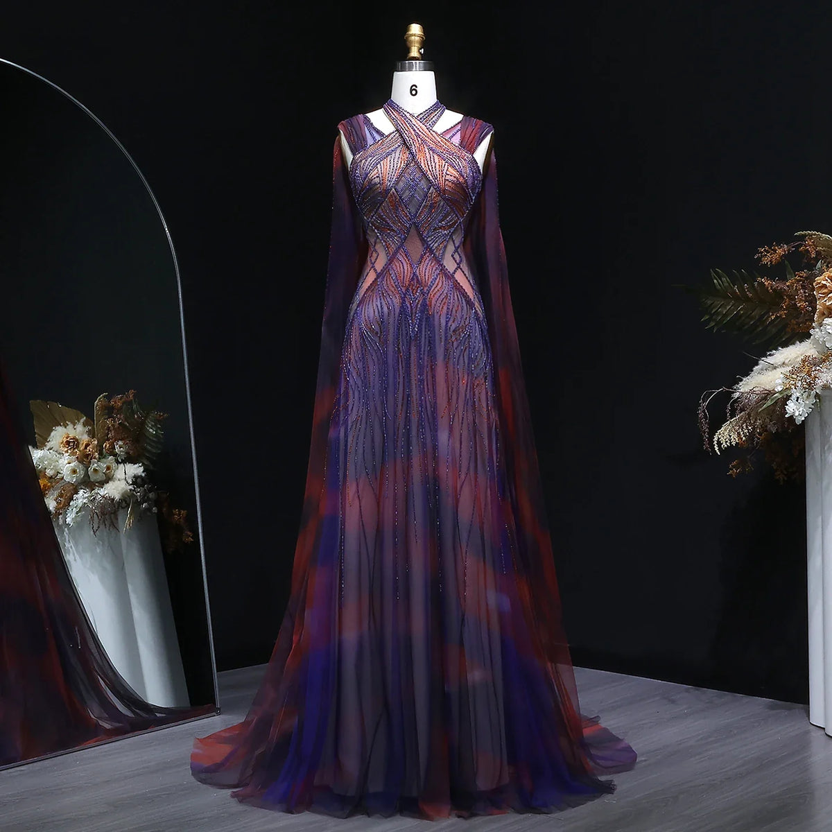 Sharon Said Women's Formal Evening Gowns Cape Sleeve Criss-cross Halter Luxury Prom Dress for Wedding Party SS297 Customized