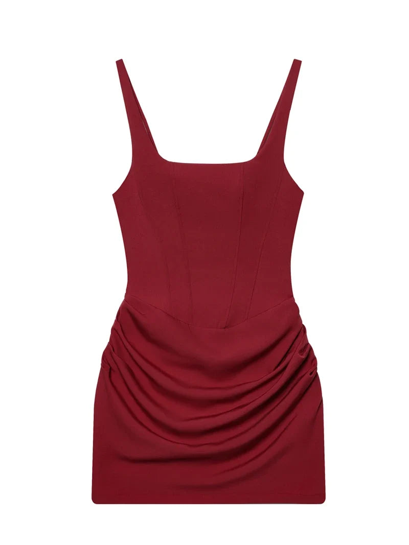 French Style Women Ruched Short Dress Fashion Summer Party Evening Gown Spaghetti Strap Bodycon Sexy Bandage Corset Mini Dress