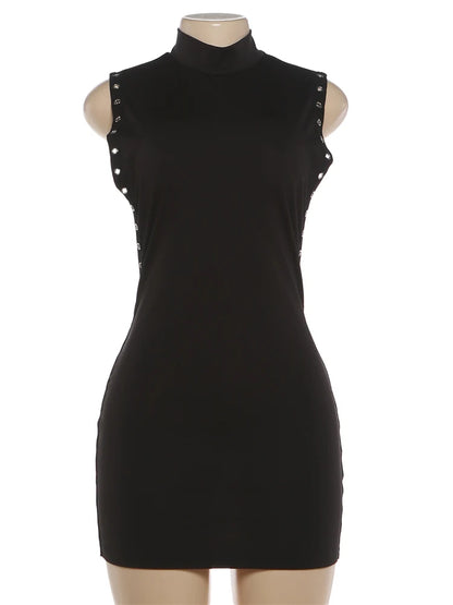 Nibber Peach Hip Mini Dress Woman o-Neck Sleeveless Side Hollow Design Metal Rings Decoration Skinny Midnight Club Party Bodycon