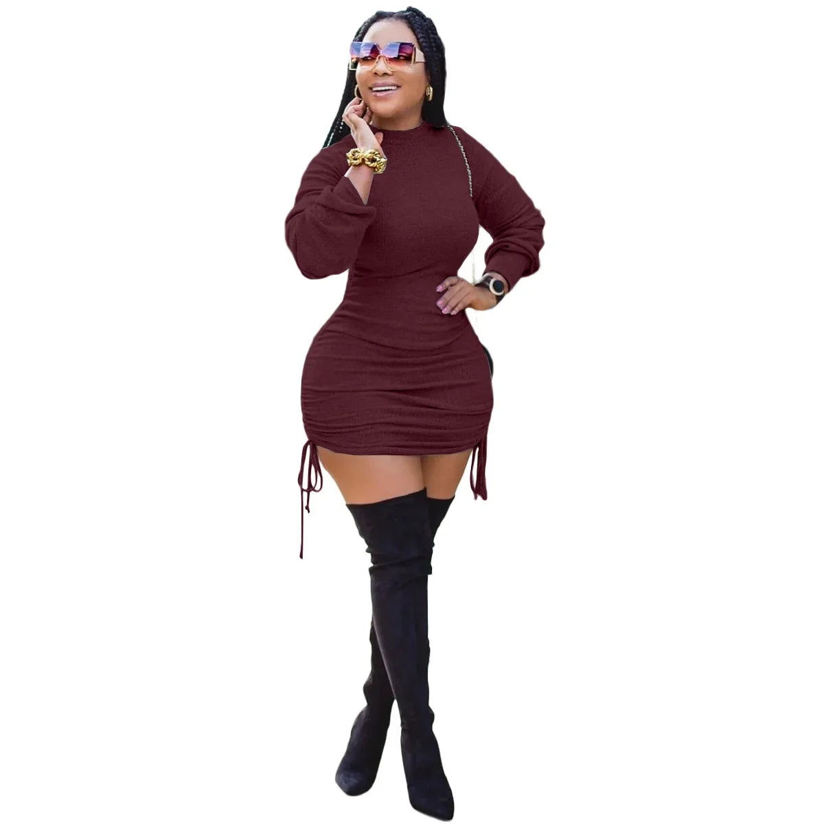 Women Sexy Dress Full Sleeve Slim Fit Wrap Hip Dresses Round Neck Spliced Shirring Lace Up Mini Vestidos Sheath Elegant