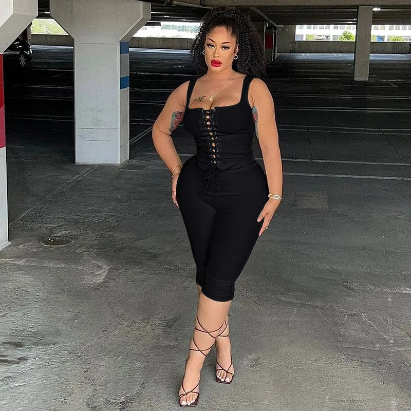 Sexy Club 2 Piece Set Women Outfit Rib Lace-up Crop Top and Matching Leggings 2025 Summer Trendy Female Going Out Two Piece Sets