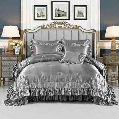 Grey Satin Queen Comforter Set – 8-Piece Ruffled Bedding