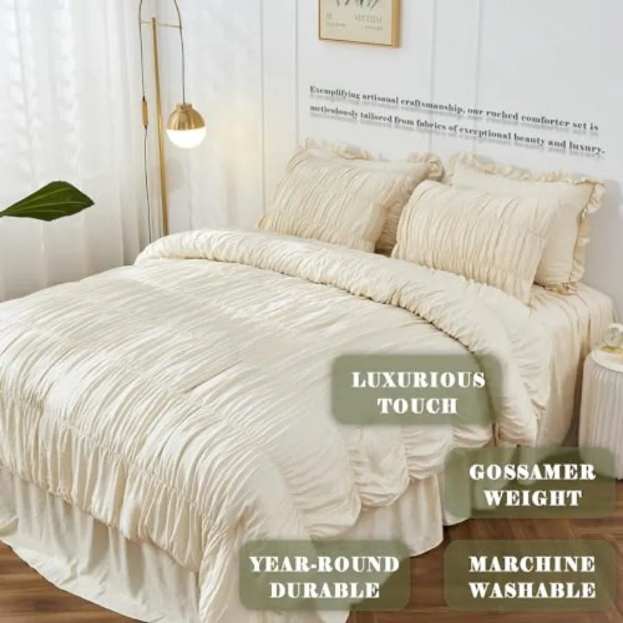 Luxury Farmhouse Comforter Set – Ruched Ruffle Bedding, Ultra-Soft Microfiber for Cozy Style