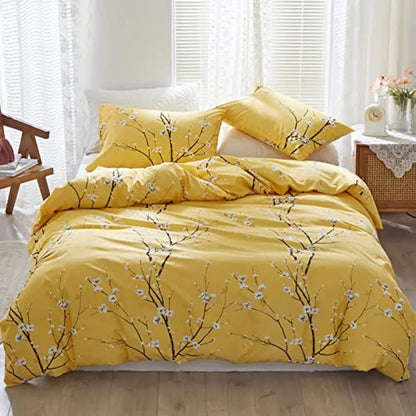 Sage Green Floral Duvet Cover Set Queen – Soft Microfiber, Modern Botanical Bedding with Yellow Accents