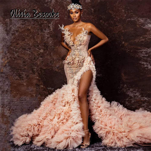 Romantic Pink Aso Ebi Prom Dress Beaded Rhinestones African Mermaid Wedding Party Gowns Split Tulle Ruched Train Customized