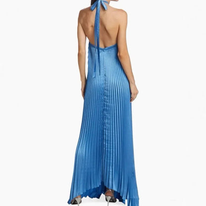 Fashion Pleated Solid Color Long Dress Sexy Halter Hollow Out Loose Evening Dress Women Elegant Sleeveless Backless Party Dress