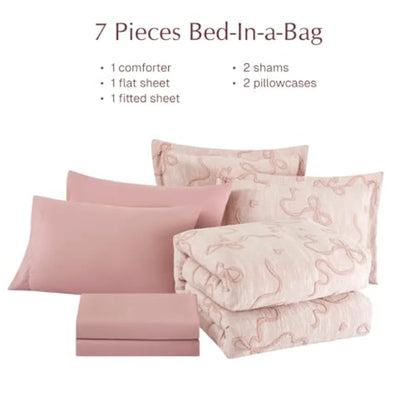 Blush Pink Comforter Set - 7 Piece Shabby Chic Bedding with 3D Bowknot Design & Soft Fabric
