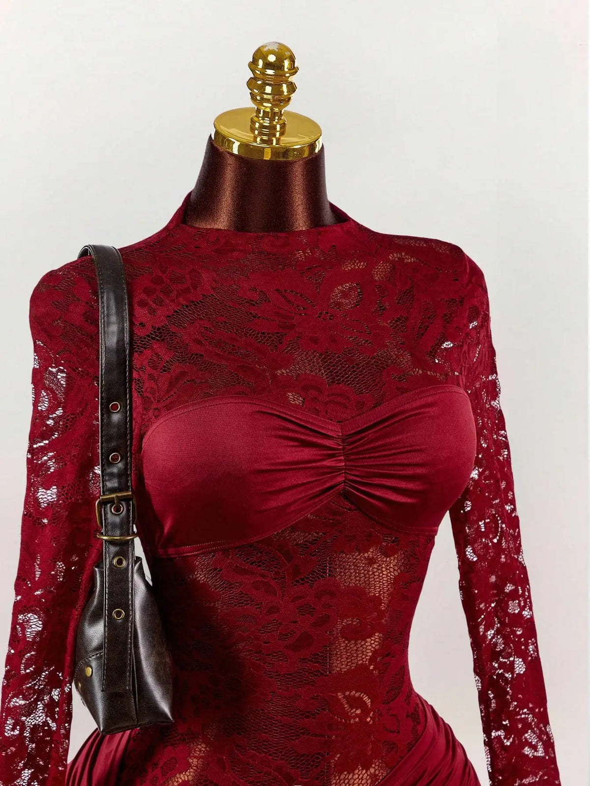 Red Lace Bodycon Mini Dress with Long Sleeves, Ruched Bust & Drawstring Hem for Party Night Club