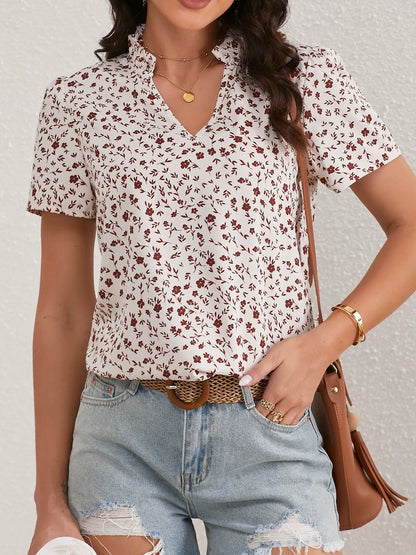 Ladies Ditsy Floral Frill Trim Notch Neck Puff Sleeve Blouse Women Tops Shirts