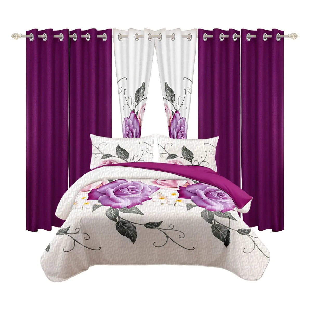 Queen 9-Piece Purple Rose Bedding and Curtain Set with Quilted Bedspread, Shams & Sheer Panels for a Complete Bedroom Refresh