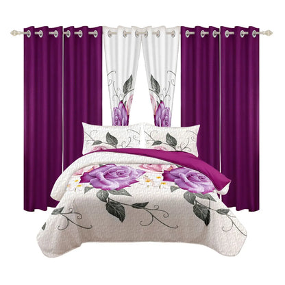 Queen 9-Piece Purple Rose Bedding and Curtain Set with Quilted Bedspread, Shams & Sheer Panels for a Complete Bedroom Refresh