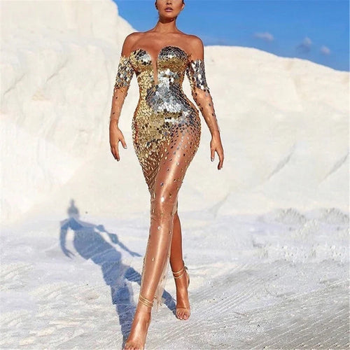 Long Sleeve Bare Shoulder Glitter Sequined Dress See Through Mesh Spliced Bodycon Party Cocktail Evening Dress for Women