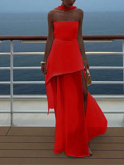 Summer New Women Dresses Streetwear Fashion Ribbon Zippers Split Maxi Dress Solid Sexy Sleeveless Strapless Lady Dress Clothing