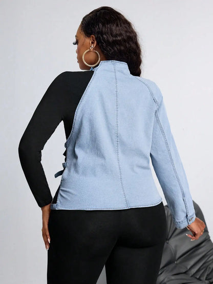 Plus Size Women's Asymmetrical Denim-Trimmed Long Sleeve Top with Belted Straps