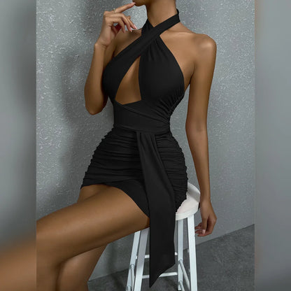 Sexy ort Cross-Ne Bodycon Dr Pink Pleated Bal Tight-Fitting Skirt Street Sle High Waist Polyester Spring Summer